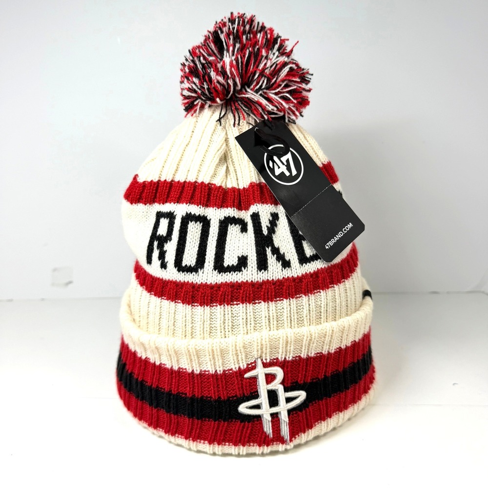 Houston Rockets 47 Brand Beanie Hat Unisex OSF Natural Red Striped Pom Pom NBA